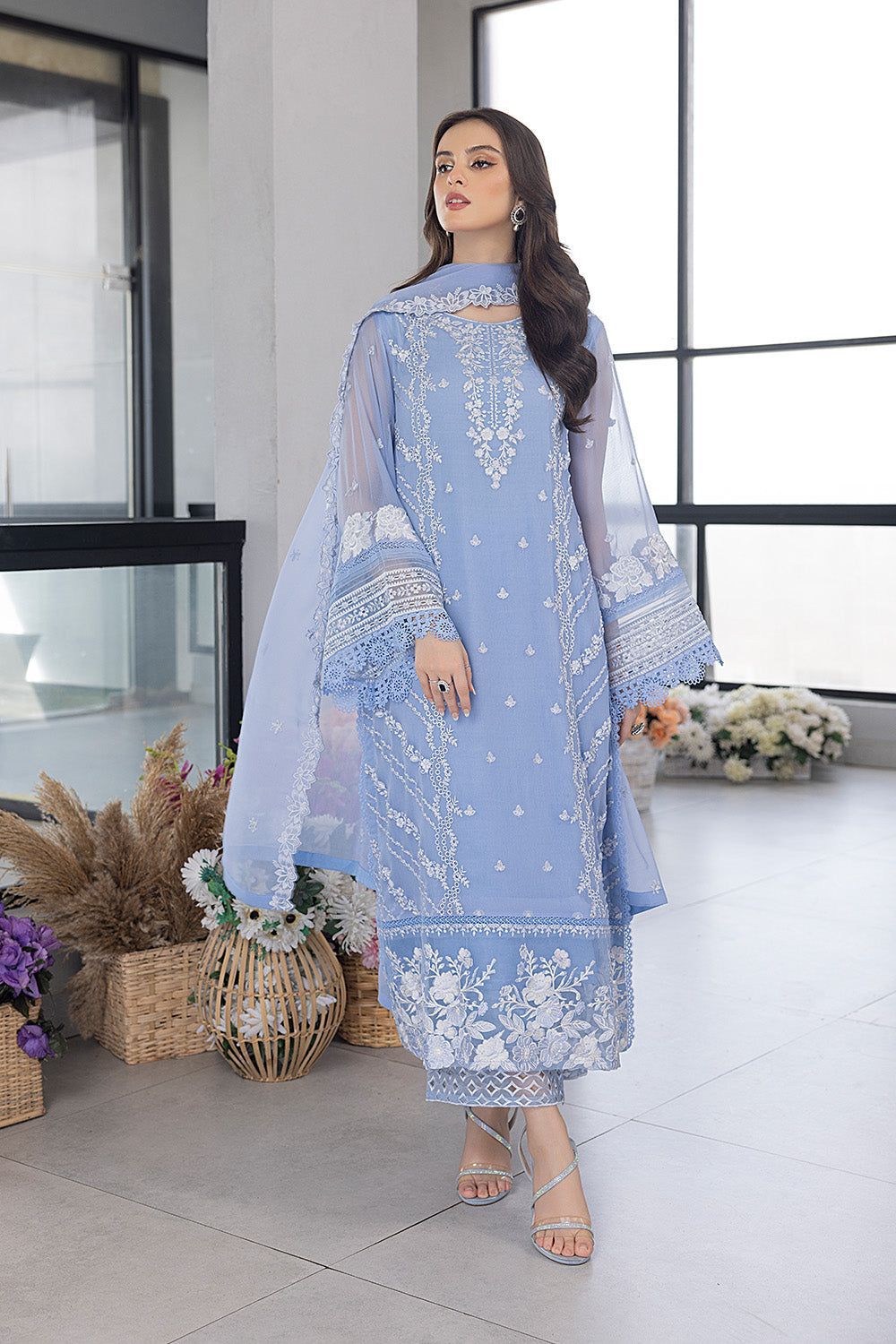 Azure Luxury Organza Embroidered Suit