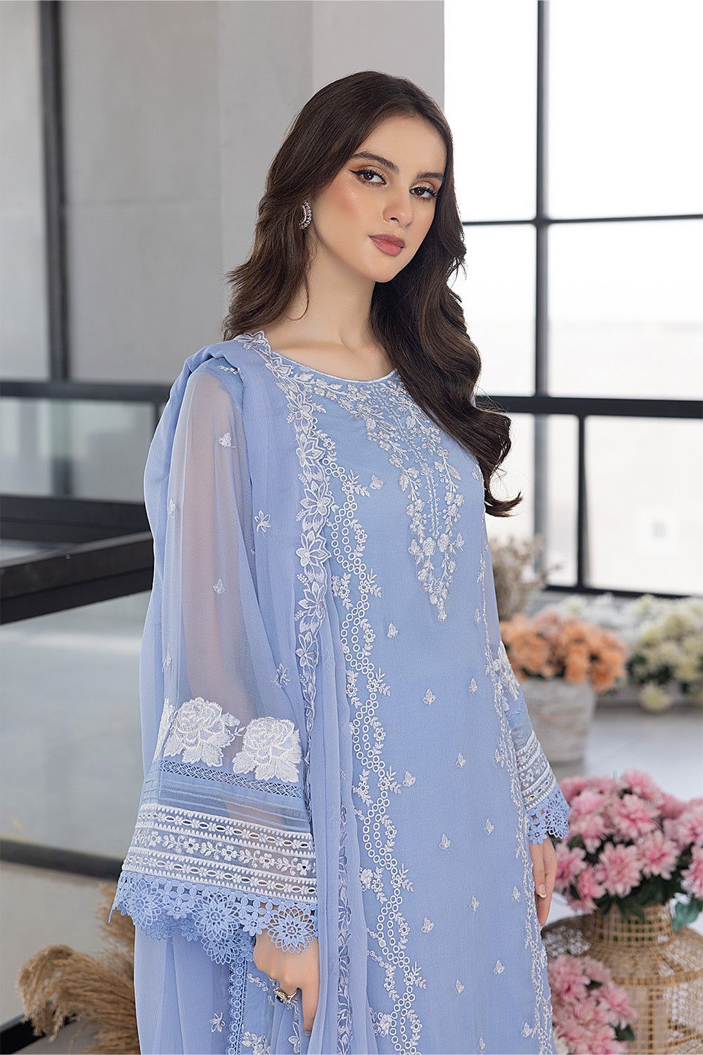 Azure Luxury Organza Embroidered Suit