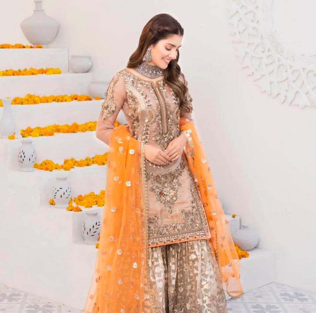 Heavy Embroidered Bridal Dress With Handwork ON Fabric